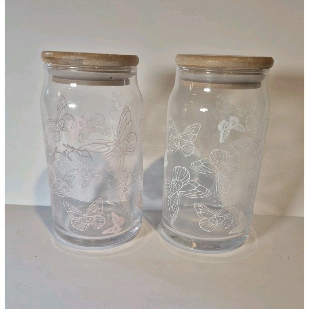 Dolly Parton Butterfly‎ Glass Tumblers w/ Bamboo Lids Set of 2